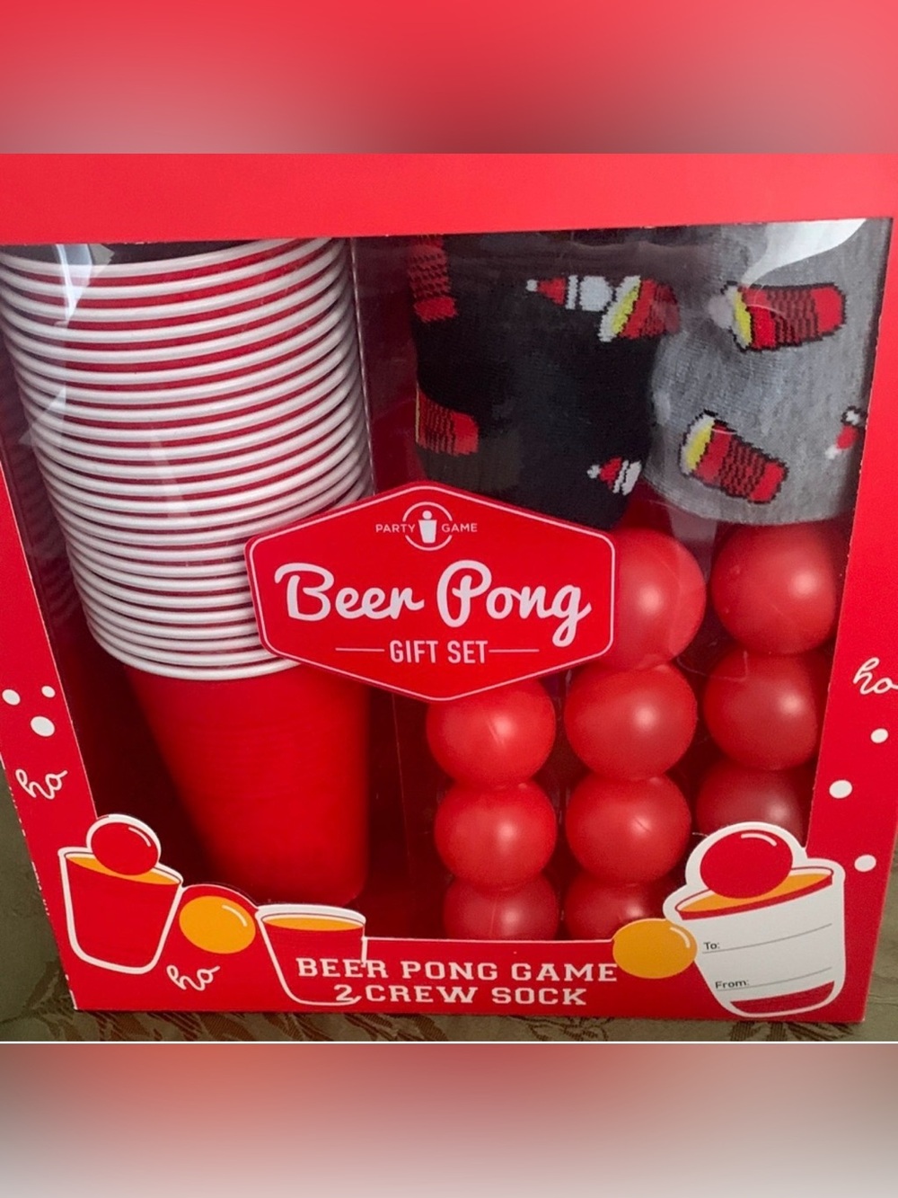 Beer Pong Gift Set - Red Beer Pong Game with Crew Socks